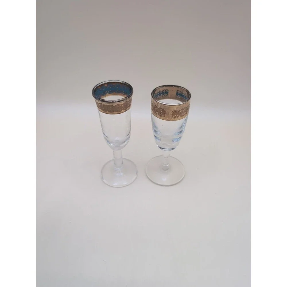 Vintage Gold-Rimmed Cordial Liqueur Glasses Moroccan Pair Aqua Inside Lot 3